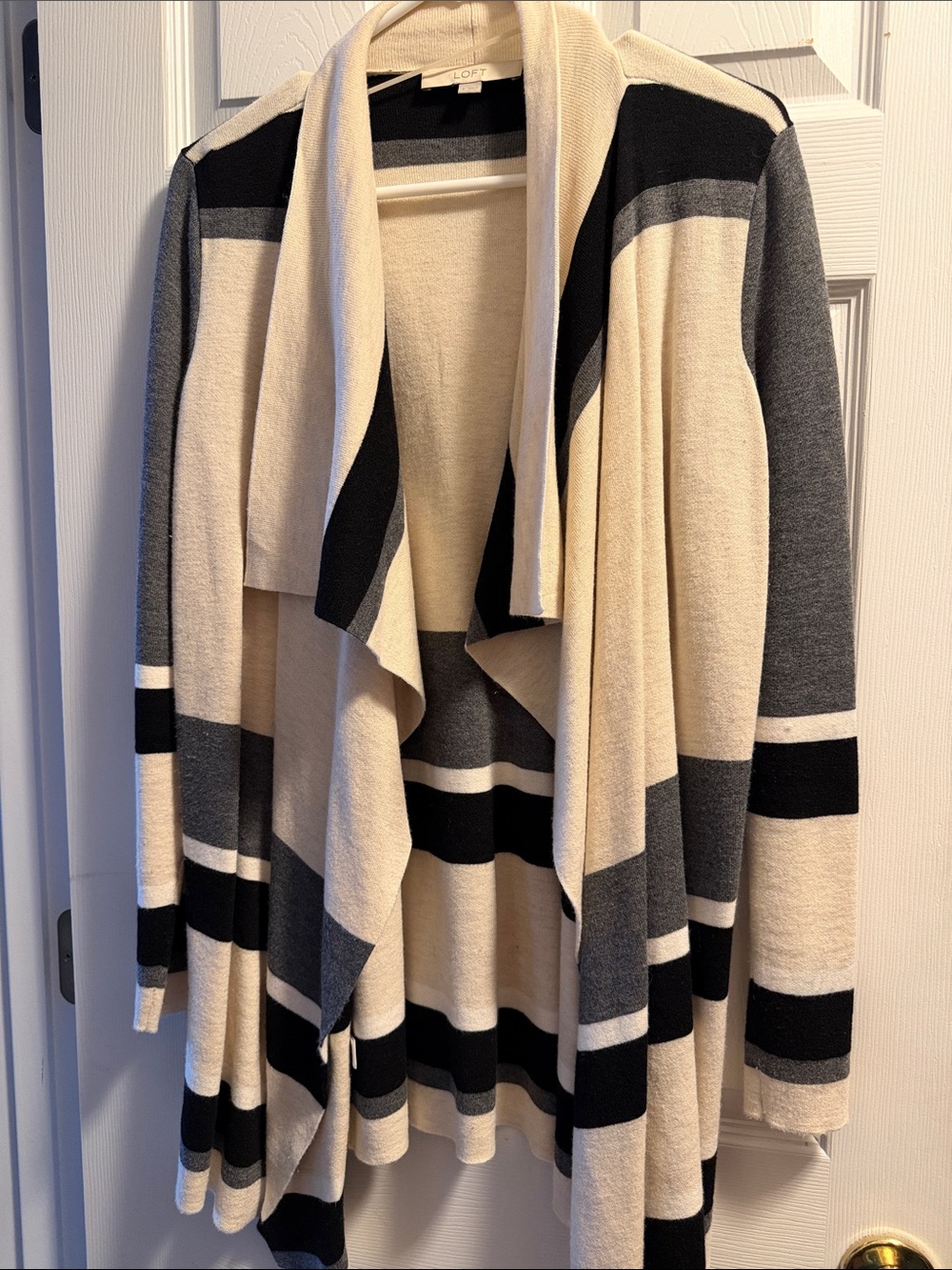 LOFT Cream, Gray & Black Striped Open Drape Cardigan